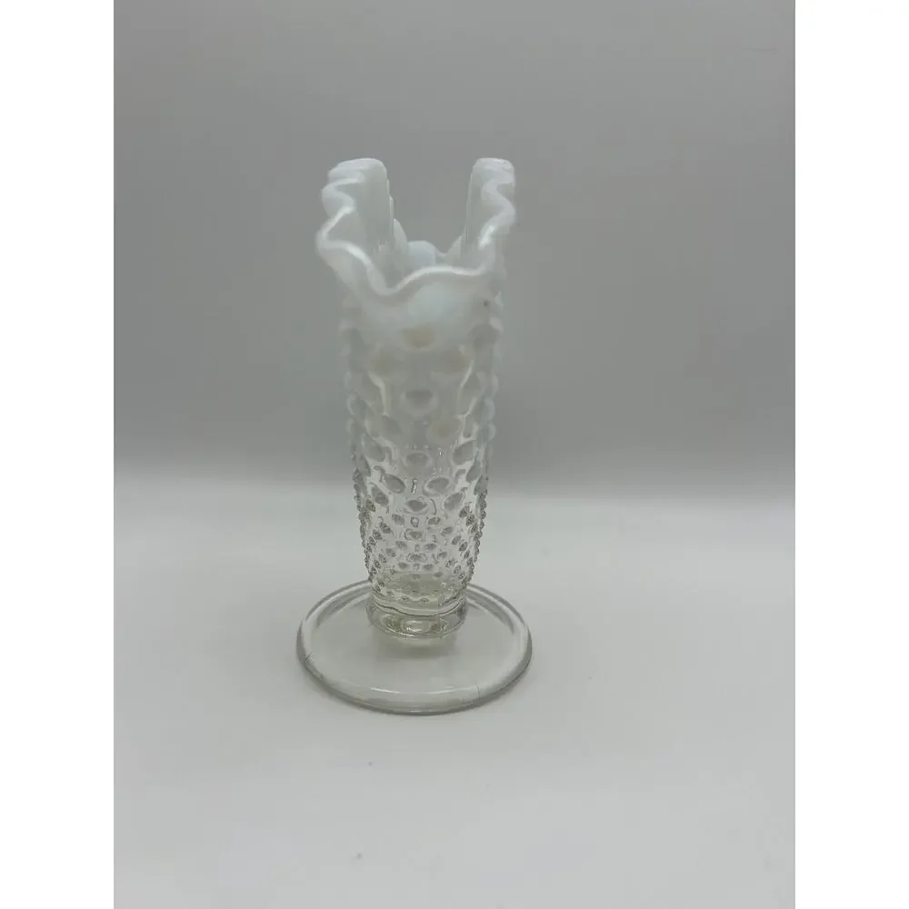 Vintage‎ Fenton White Clear Opalescent Rim Hobnail 1950s Fan Glass Vase 6x6